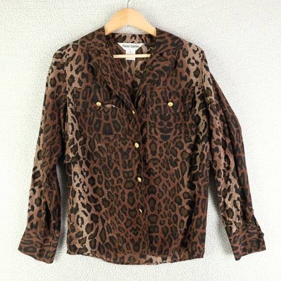 Vintage Tops - Vintage Shirt Womens 6 Brown Gold Leopard Animal Print Silk Button Up  80s